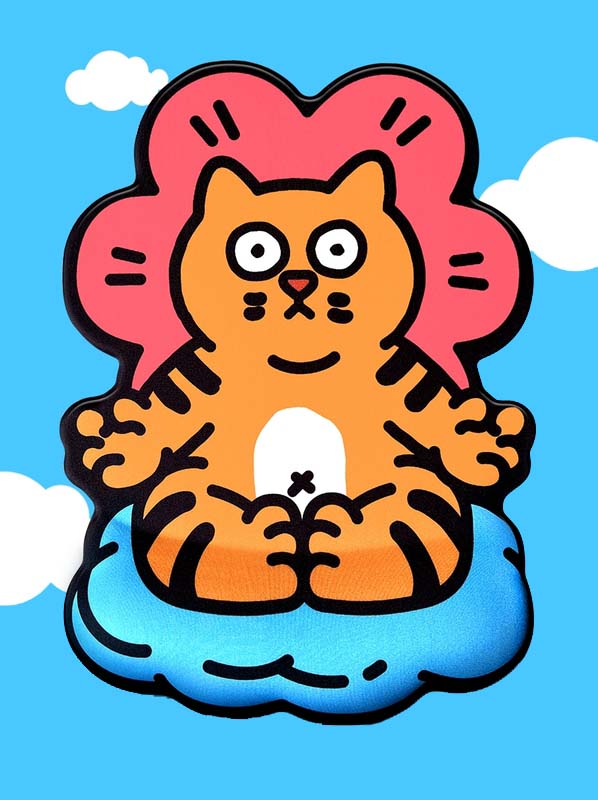 Meditating Cat Mouse Pad with Wrist Support: orange, pink orange cat character sitting on a blue cushion with a pink flower-l