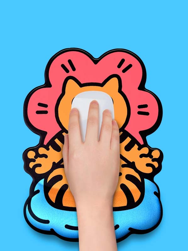 Meditating Cat Mouse Pad with Wrist Support: orange, pink orange cat character sitting on a blue cushion with a pink flower-l