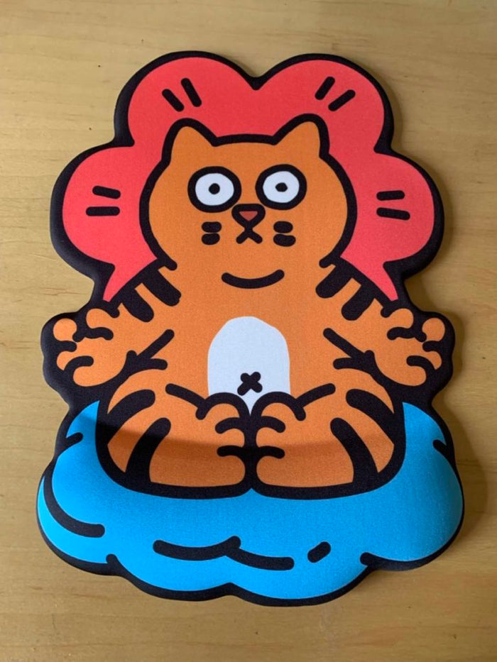 Meditating Cat Mouse Pad with Wrist Support: orange, pink orange cat character sitting on a blue cushion with a pink flower-l