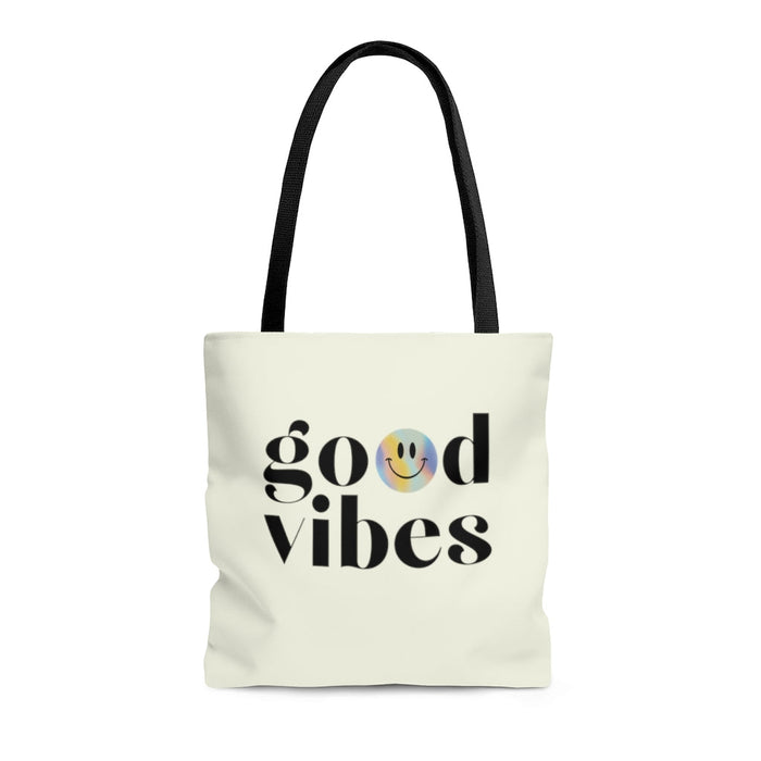 Medium Beach Shopper Tote Bag Spreading Positivity: off-white, black smiley face graphic, minimal graphic style