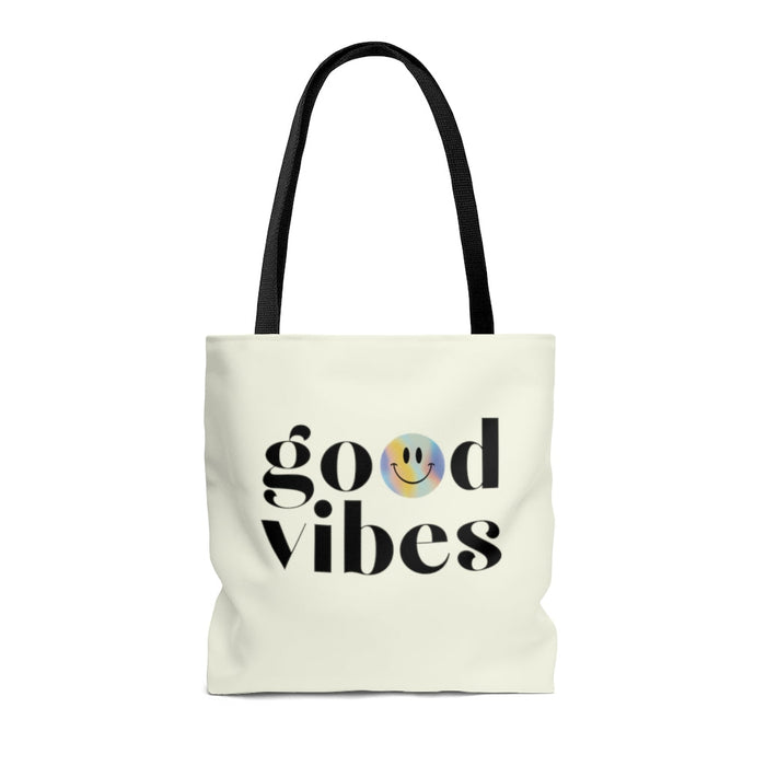 Medium Beach Shopper Tote Bag Spreading Positivity: off-white, black smiley face graphic, minimal graphic style