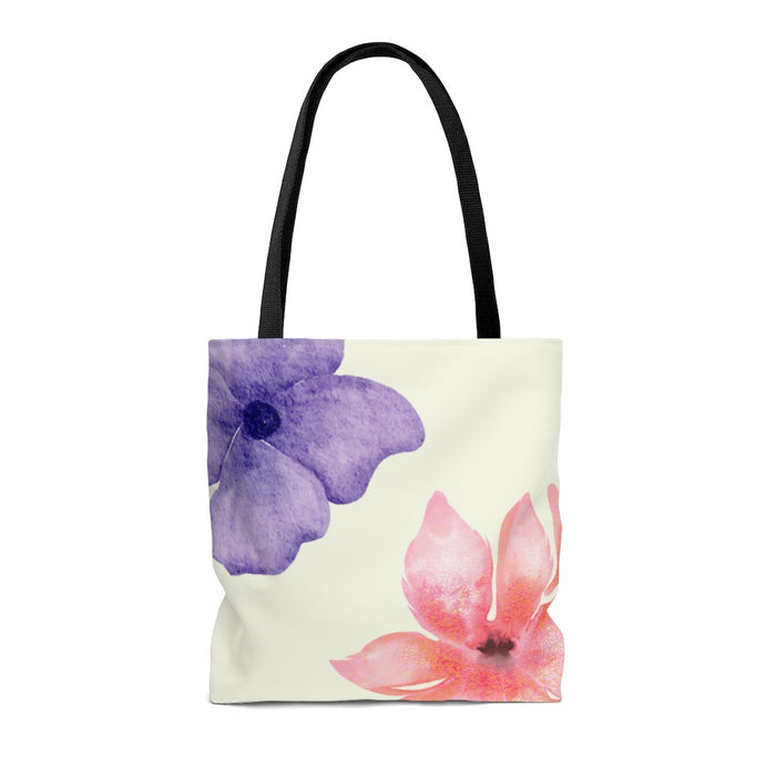 Medium Beach Tote Bag with a Vibrant Floral Design: off-white, black floral theme, minimal watercolor floral style