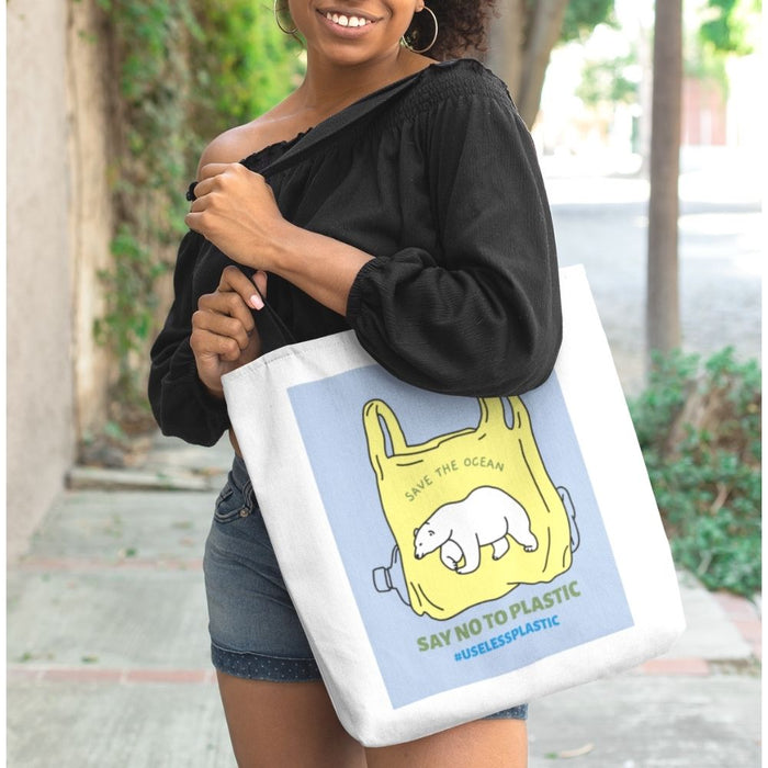 Medium Shopper Tote Bag, Polar Bear Edition for Environmental Conservation: white, black polar bear environmental theme, cart