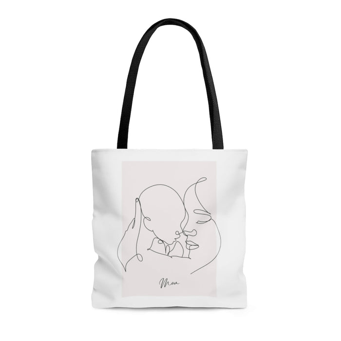 Medium Shopper Tote Bag for Mom and I: white, black stylized person/character illustration, minimalist line art style