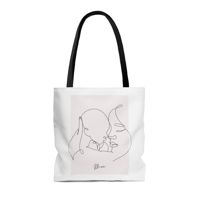 Medium Shopper Tote Bag for Mom and I: white, black stylized person/character illustration, minimalist line art style