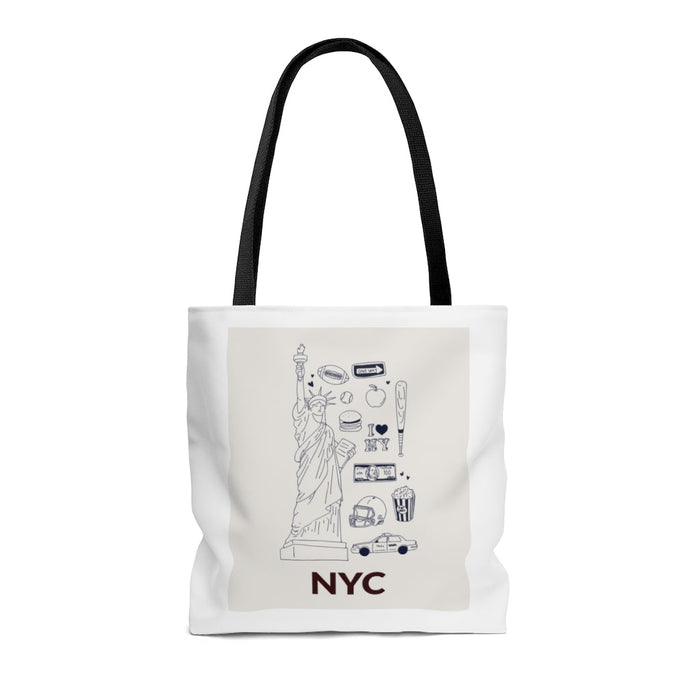 Medium Tote Bag Featuring Iconic NYC Symbols for Everyday Use: white, black New York City / NYC, minimal graphic illustration