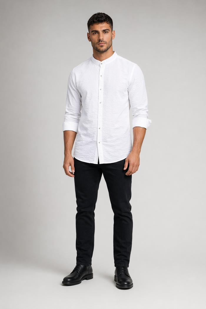 Men's Button-Up Shirt with Mandarin Collar White