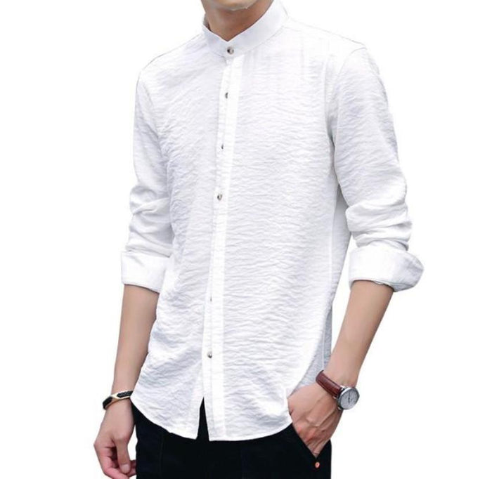 Men's Button-Up Shirt with Mandarin Collar: white long-sleeve button-up shirt, minimal casual style