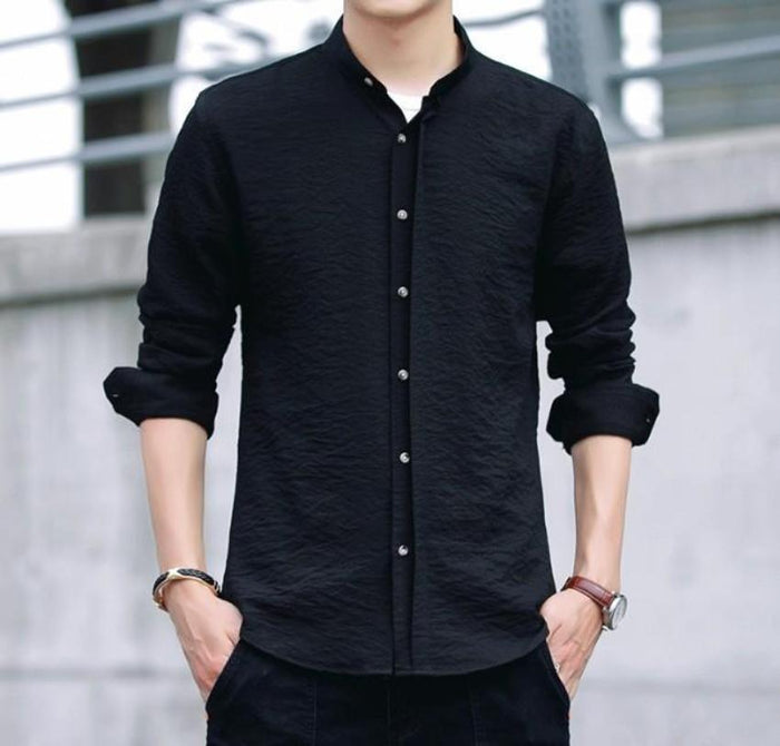 Men's Button-Up Shirt with Mandarin Collar: white long-sleeve button-up shirt, minimal casual style
