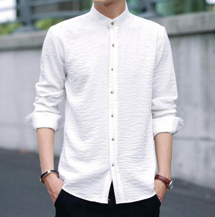 Men's Button-Up Shirt with Mandarin Collar: white long-sleeve button-up shirt, minimal casual style