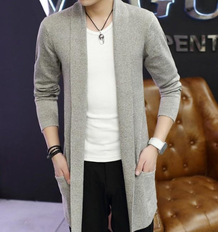 Men's Cardigan with Shawl Collar and Medium Length: light gray, white long open-front cardigan, minimal casual style