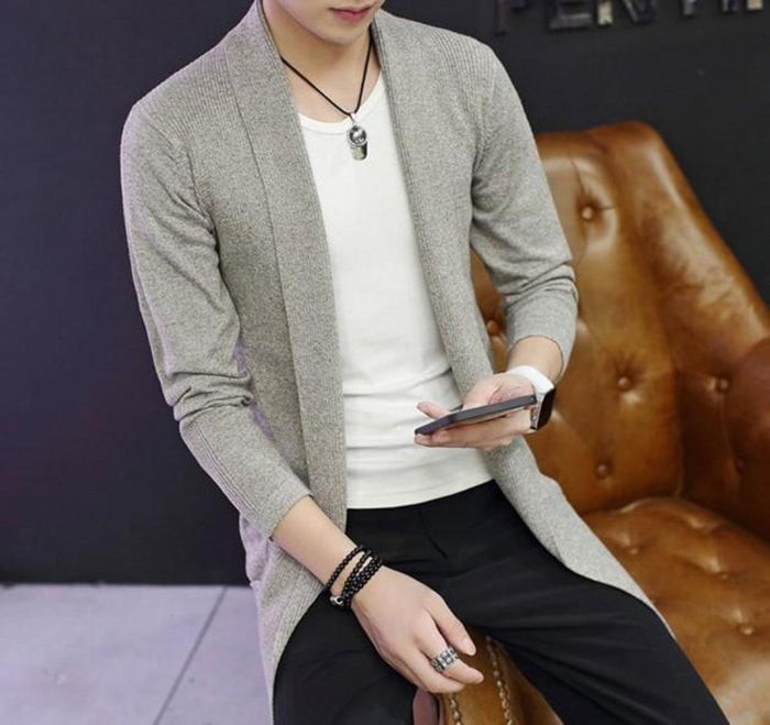 Men's Cardigan with Shawl Collar and Medium Length: light gray, white long open-front cardigan, minimal casual style