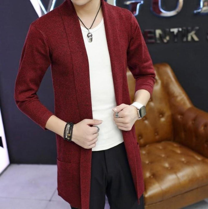 Men's Cardigan with Shawl Collar and Medium Length: light gray, white long open-front cardigan, minimal casual style