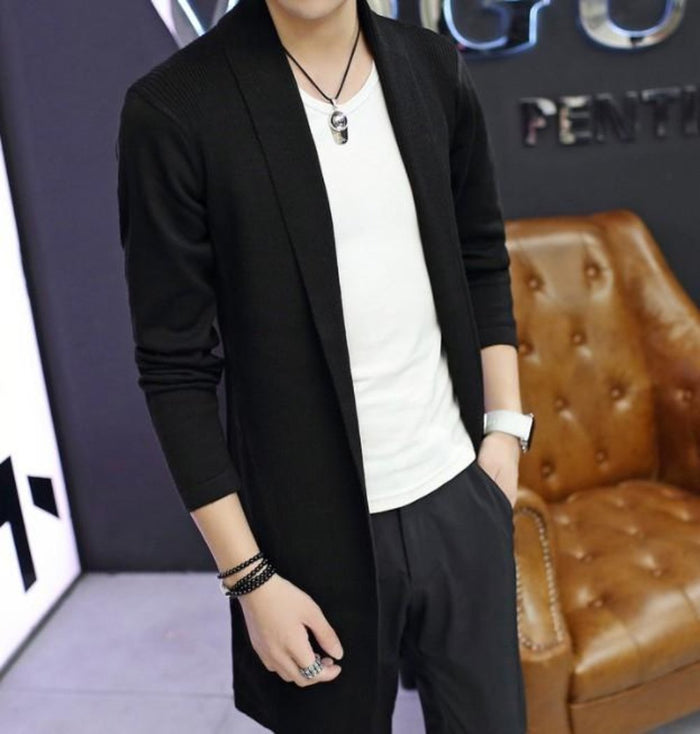 Men's Cardigan with Shawl Collar and Medium Length: light gray, white long open-front cardigan, minimal casual style