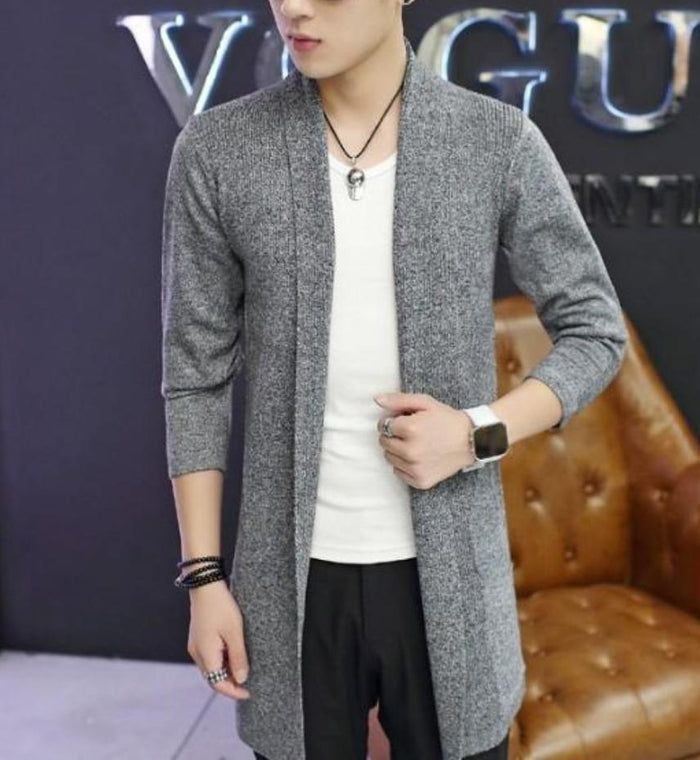 Men's Cardigan with Shawl Collar and Medium Length: light gray, white long open-front cardigan, minimal casual style