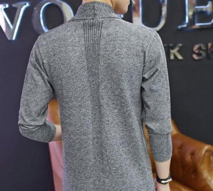 Men's Cardigan with Shawl Collar and Medium Length: light gray, white long open-front cardigan, minimal casual style