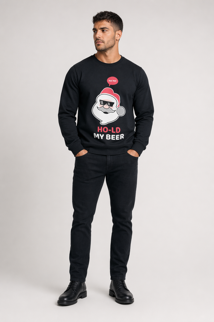 Men's Crewneck Sweatshirt featuring Santa Claus and Beer with Ho Ho Ho Print Default