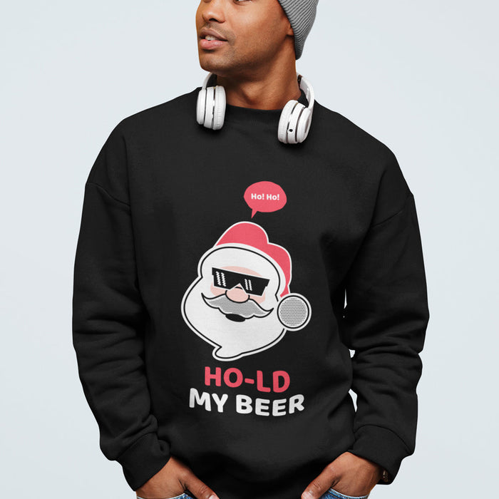 Men's Crewneck Sweatshirt featuring Santa Claus and Beer with Ho Ho Ho Print: black, white cartoon Santa Claus holding a micr