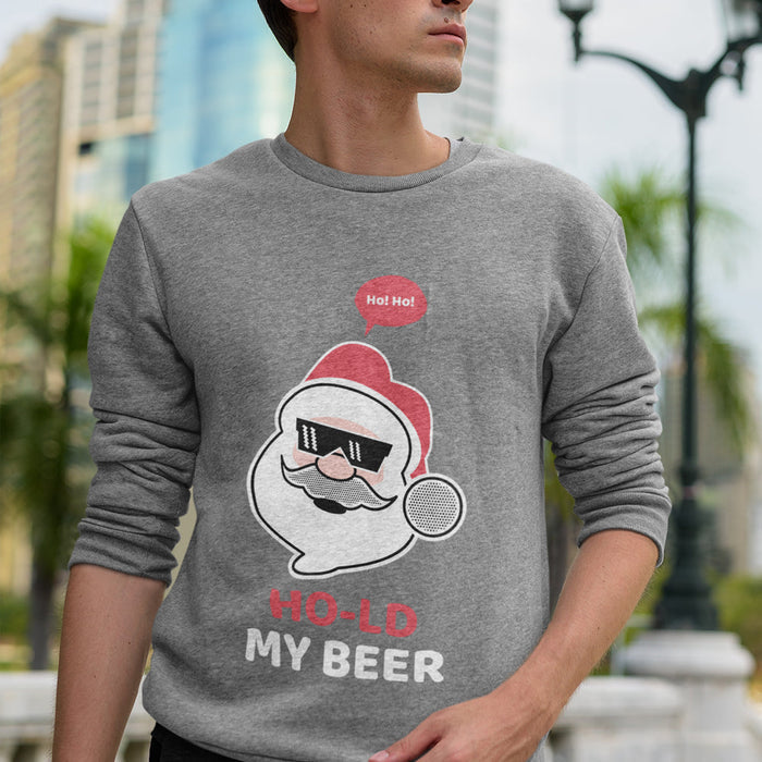 Men's Crewneck Sweatshirt featuring Santa Claus and Beer with Ho Ho Ho Print: black, white cartoon Santa Claus holding a micr