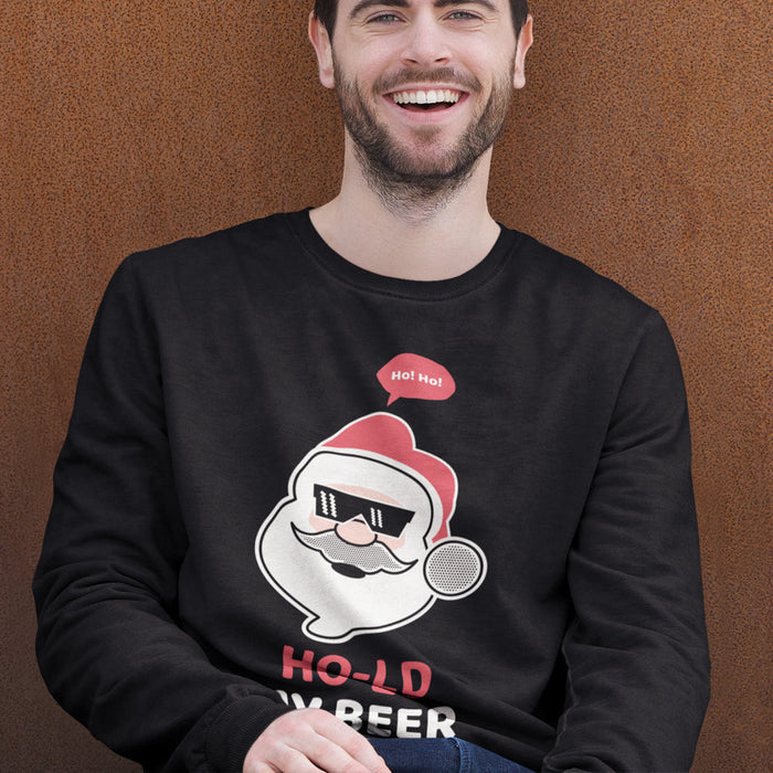 Men's Crewneck Sweatshirt featuring Santa Claus and Beer with Ho Ho Ho Print: black, white cartoon Santa Claus holding a micr