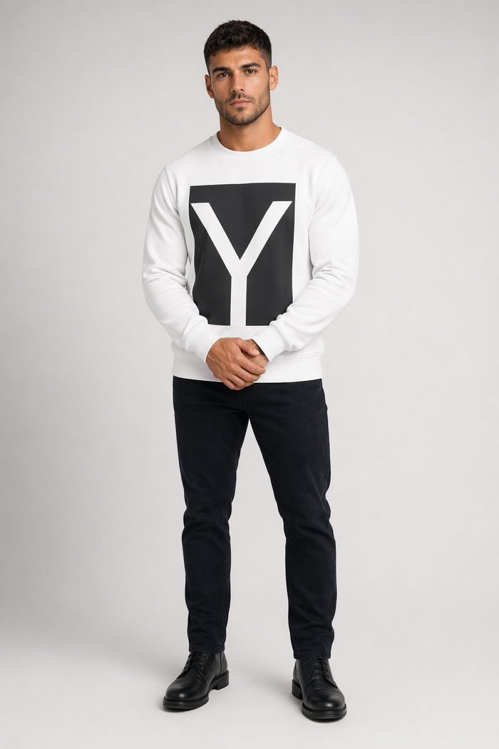 Men's Crewneck Sweatshirt with Y Logo Design White