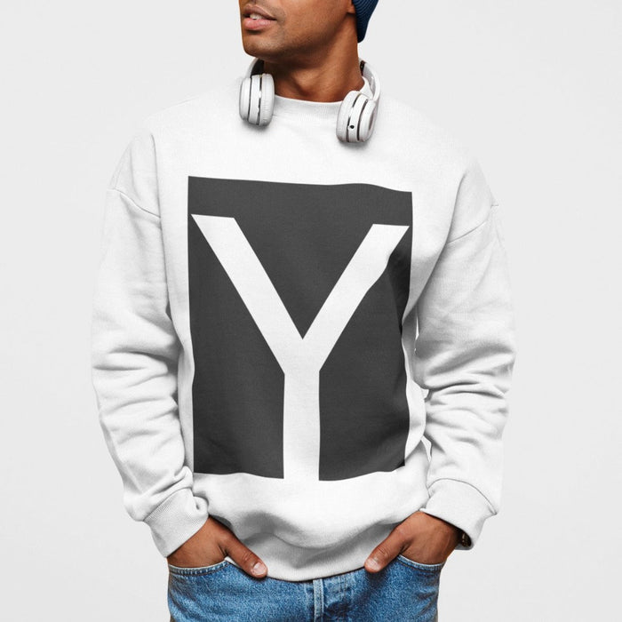 Men's Crewneck Sweatshirt with Y Logo Design: white, black crewneck sweatshirt, minimal graphic style