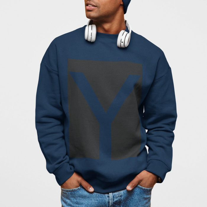Men's Crewneck Sweatshirt with Y Logo Design: white, black crewneck sweatshirt, minimal graphic style