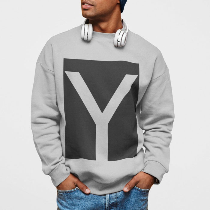 Men's Crewneck Sweatshirt with Y Logo Design: white, black crewneck sweatshirt, minimal graphic style