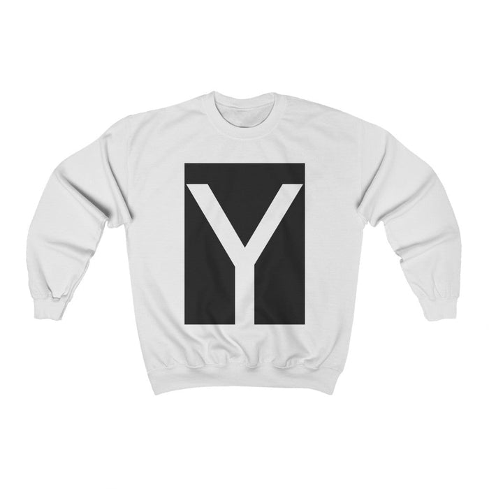 Men's Crewneck Sweatshirt with Y Logo Design: white, black crewneck sweatshirt, minimal graphic style
