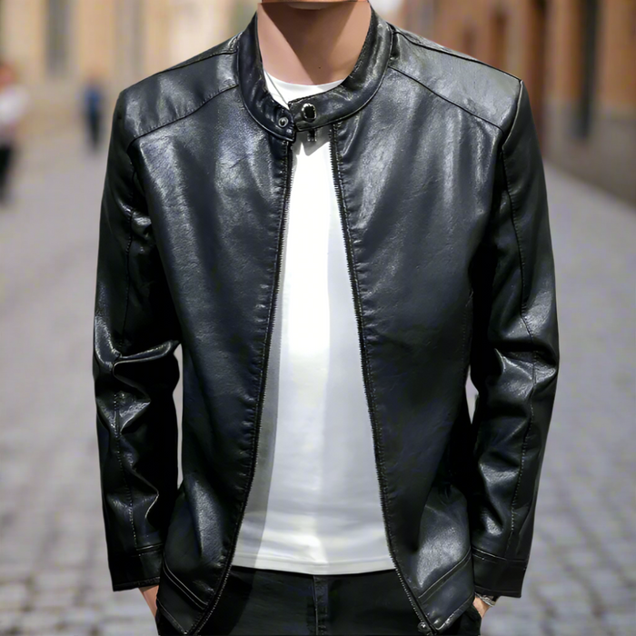 Men's Faux Leather Motorcycle Jacket: black jacket, minimal biker-inspired style