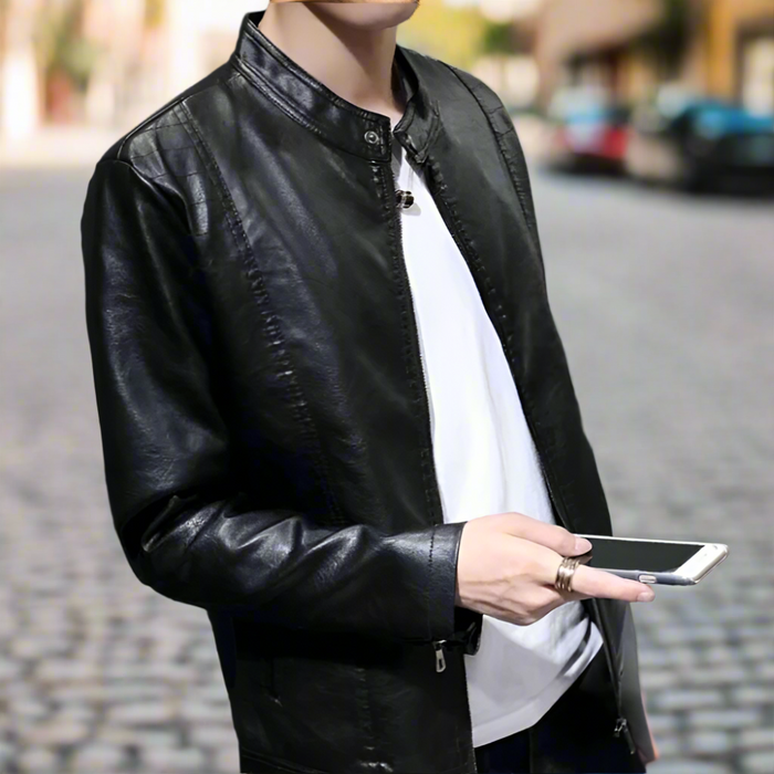 Men's Faux Leather Motorcycle Jacket: black jacket, minimal biker-inspired style
