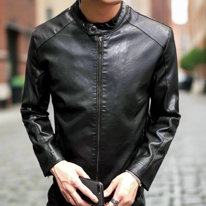 Men's Faux Leather Motorcycle Jacket: black jacket, minimal biker-inspired style