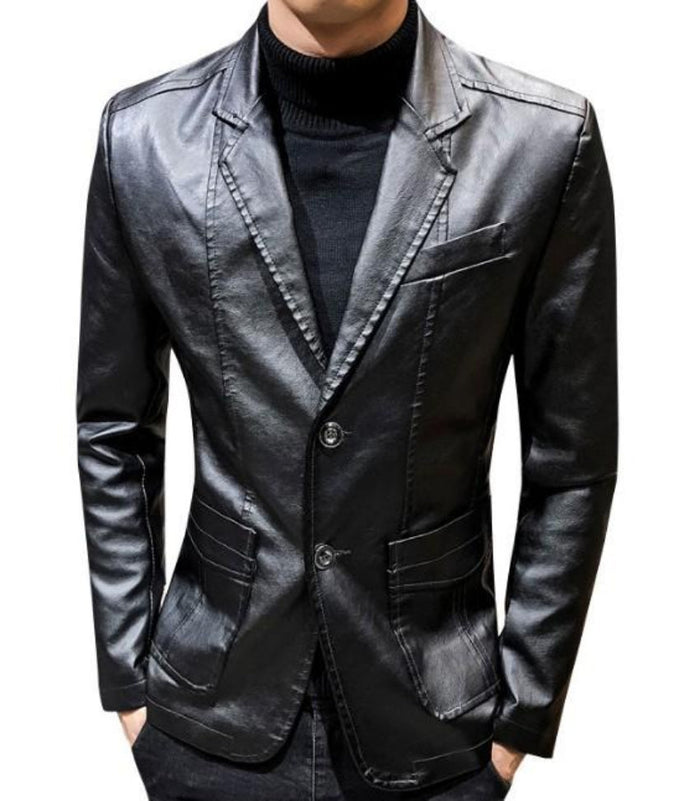 Men's Faux Leather Suit Jacket: black men's blazer-style jacket, sleek, fitted, formal-casual style