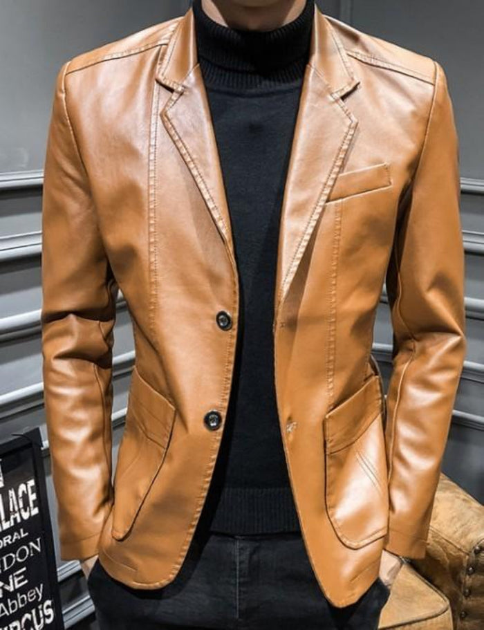 Men's Faux Leather Suit Jacket: black men's blazer-style jacket, sleek, fitted, formal-casual style