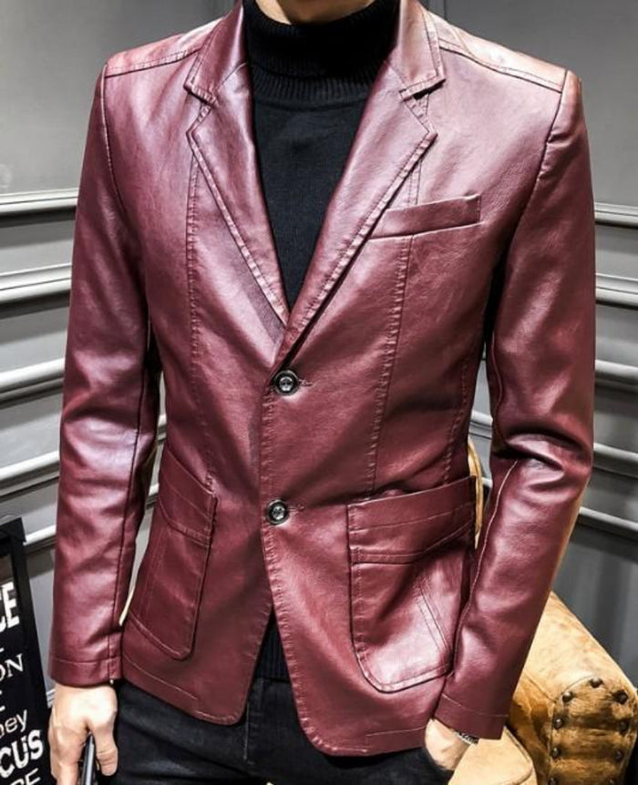 Men's Faux Leather Suit Jacket: black men's blazer-style jacket, sleek, fitted, formal-casual style