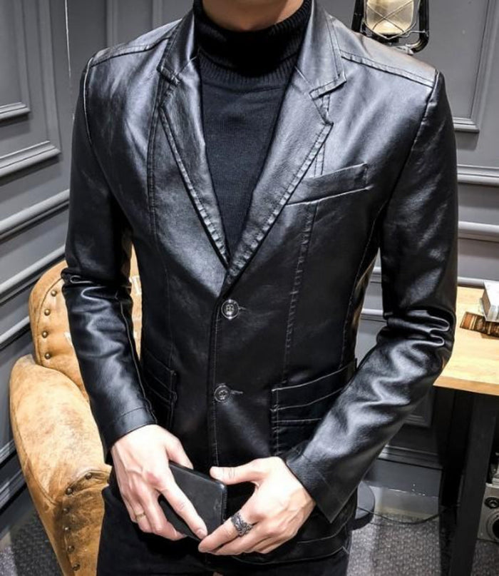 Men's Faux Leather Suit Jacket: black men's blazer-style jacket, sleek, fitted, formal-casual style