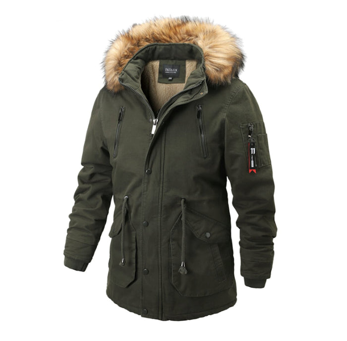 Men's Fur-Lined Parka Coat: dark olive green, tan brown hooded parka jacket, casual utility parka style