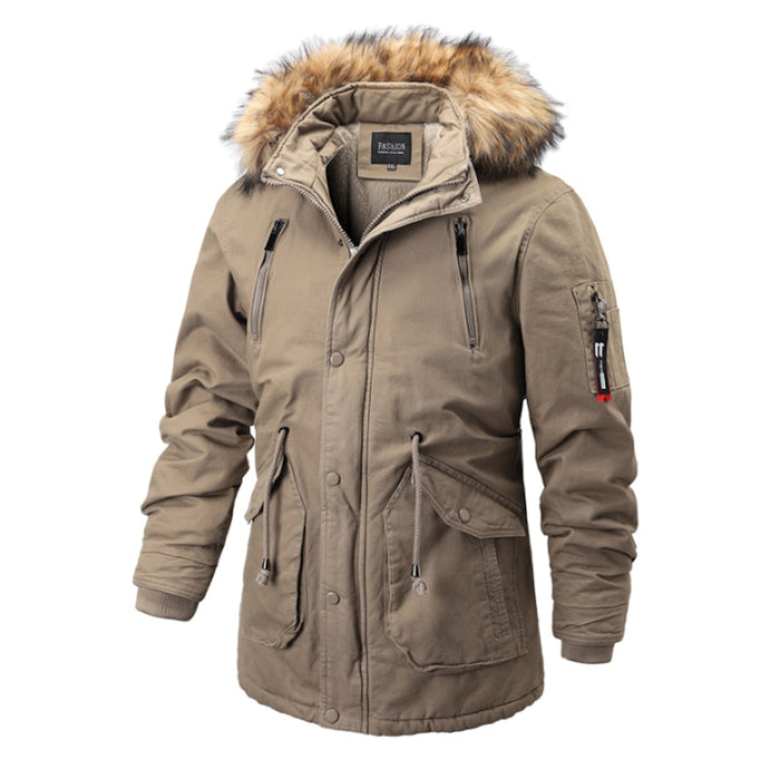 Men's Fur-Lined Parka Coat: dark olive green, tan brown hooded parka jacket, casual utility parka style