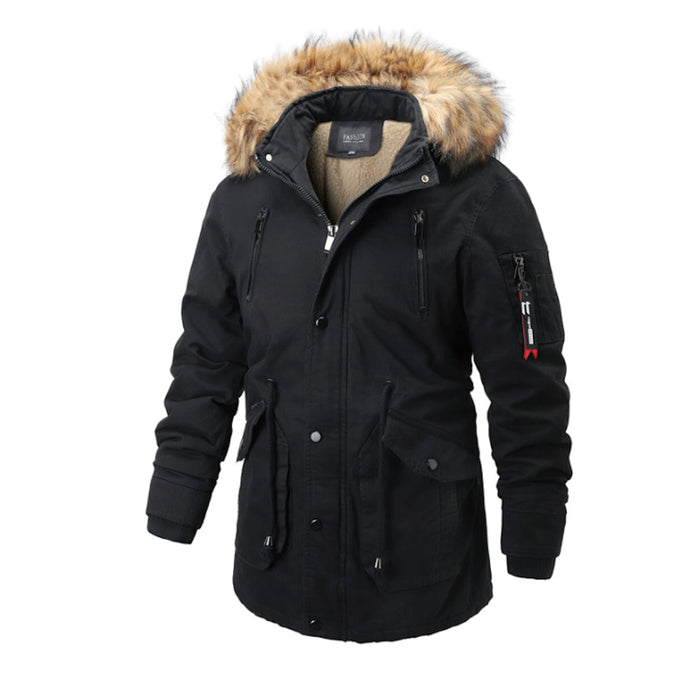 Men's Fur-Lined Parka Coat: dark olive green, tan brown hooded parka jacket, casual utility parka style