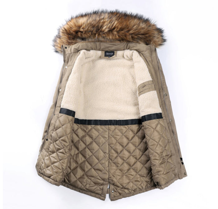 Men's Fur-Lined Parka Coat: dark olive green, tan brown hooded parka jacket, casual utility parka style
