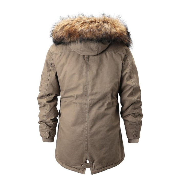 Men's Fur-Lined Parka Coat: dark olive green, tan brown hooded parka jacket, casual utility parka style