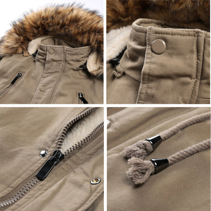 Men's Fur-Lined Parka Coat: dark olive green, tan brown hooded parka jacket, casual utility parka style