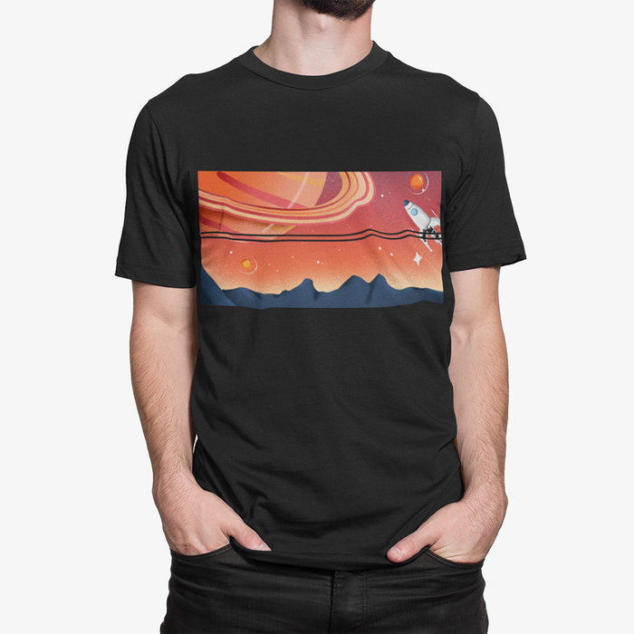 Men's Galactic Block Short-sleeved T-Shirt: black, orange space-themed rocket scene, cartoon sci-fi style