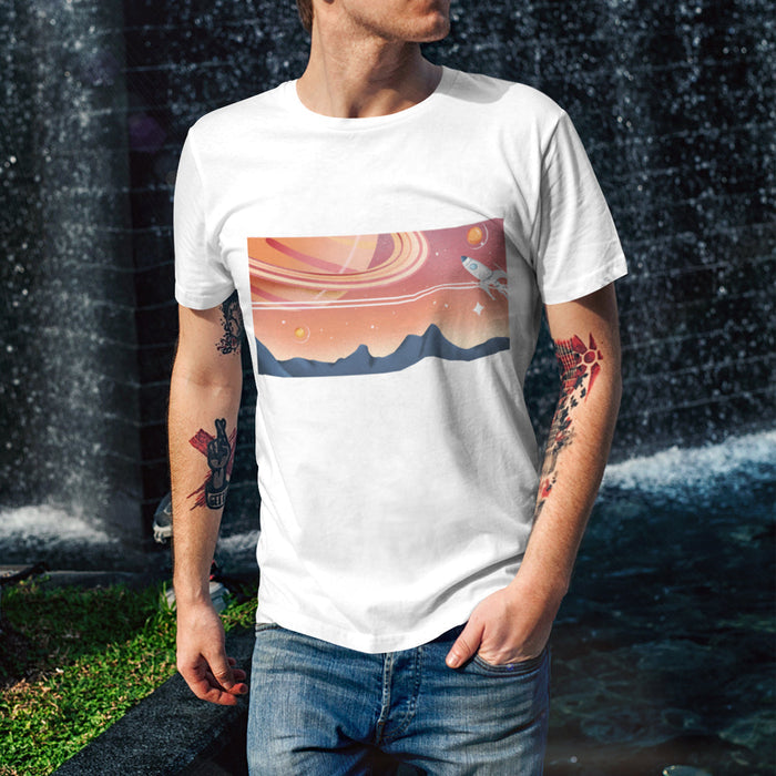 Men's Galactic Block Short-sleeved T-Shirt: black, orange space-themed rocket scene, cartoon sci-fi style