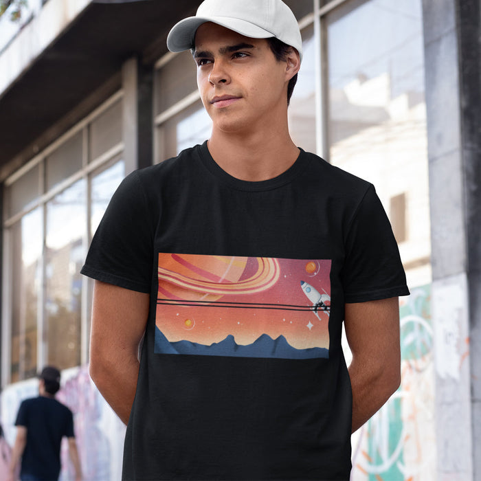 Men's Galactic Block Short-sleeved T-Shirt: black, orange space-themed rocket scene, cartoon sci-fi style