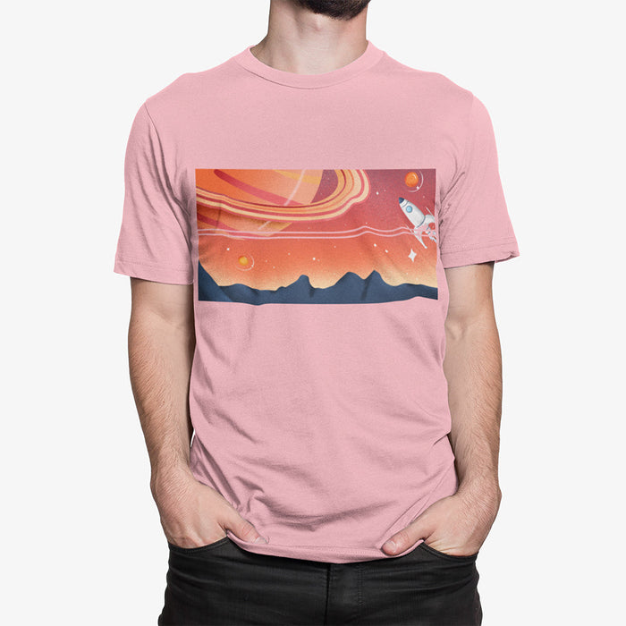 Men's Galactic Block Short-sleeved T-Shirt: black, orange space-themed rocket scene, cartoon sci-fi style