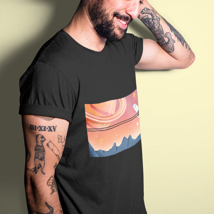 Men's Galactic Block Short-sleeved T-Shirt: black, orange space-themed rocket scene, cartoon sci-fi style