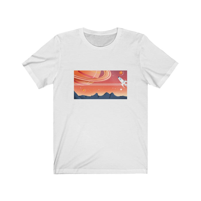 Men's Galactic Block Short-sleeved T-Shirt: black, orange space-themed rocket scene, cartoon sci-fi style