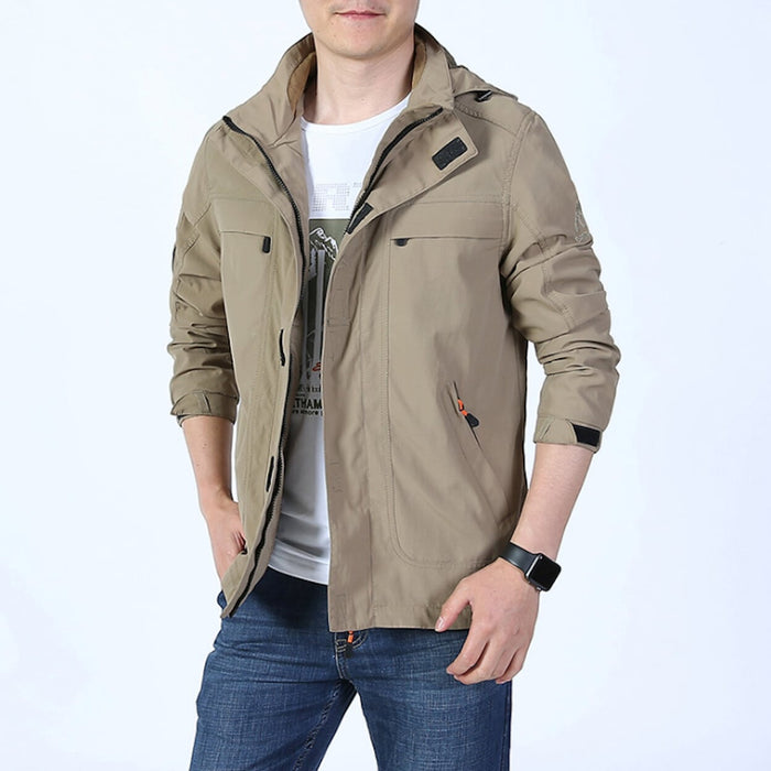Men's Hooded Zipper Jacket with Detachable Hood: khaki beige, black hooded jacket, casual utility style