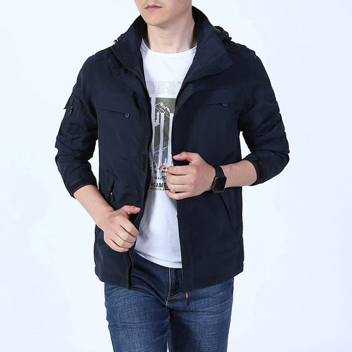 Men's Hooded Zipper Jacket with Detachable Hood: khaki beige, black hooded jacket, casual utility style